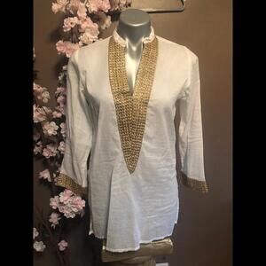 Linen Top shirt tunic caftan gold and white